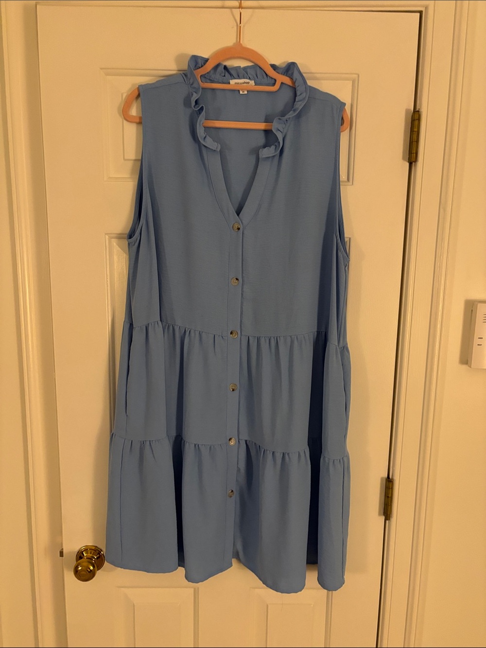 mittoshop Sky Blue Sleeveless Button-Front Tiered Midi Dress with Ruffle Collar